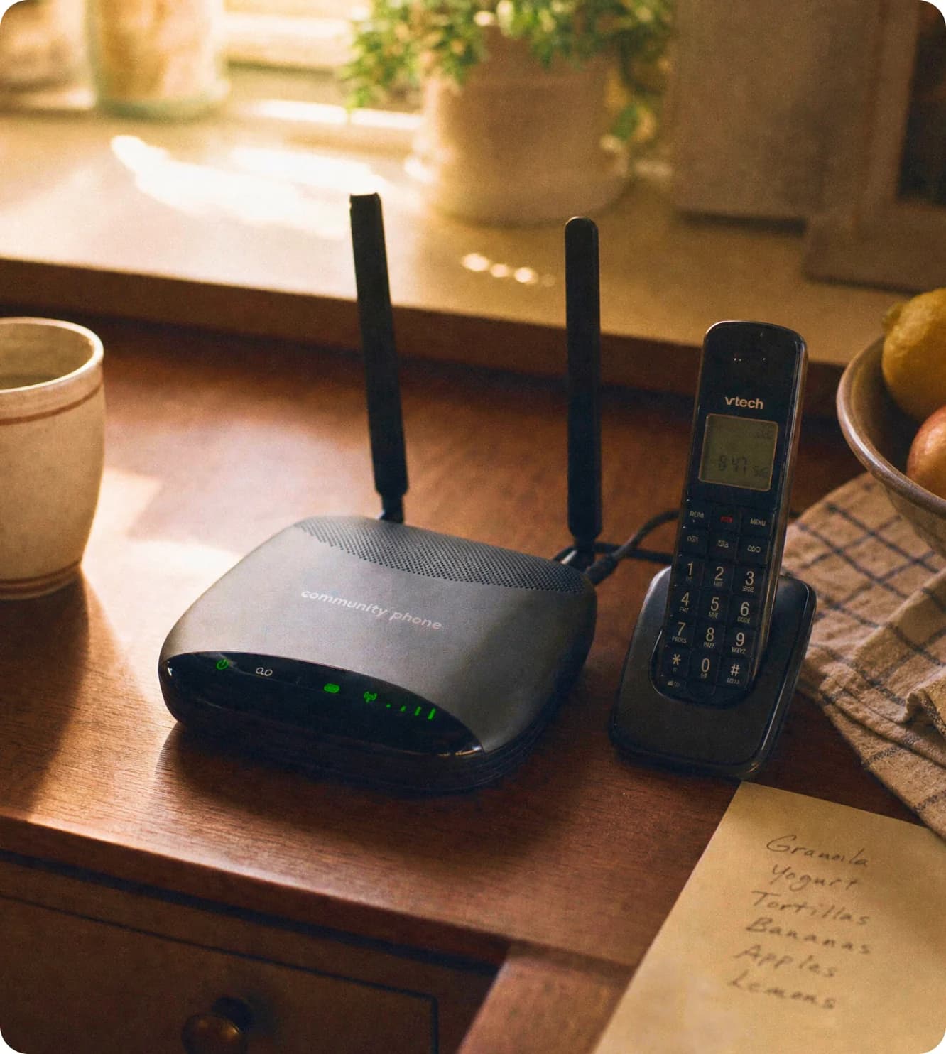 Community Phone Base and cordless handset on a kitchen table next to a handwritten grocery list