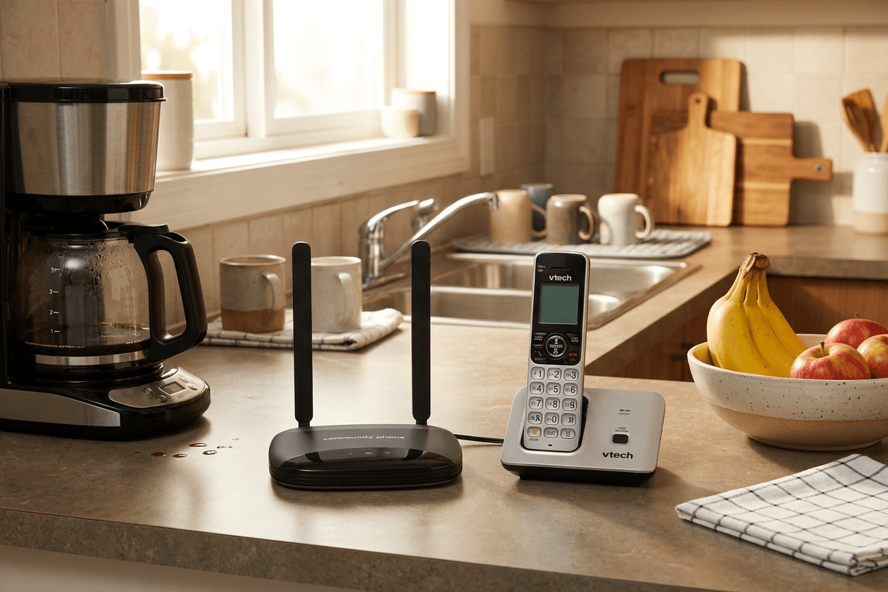 Community Phone Base unit and cordless handset on a kitchen counter