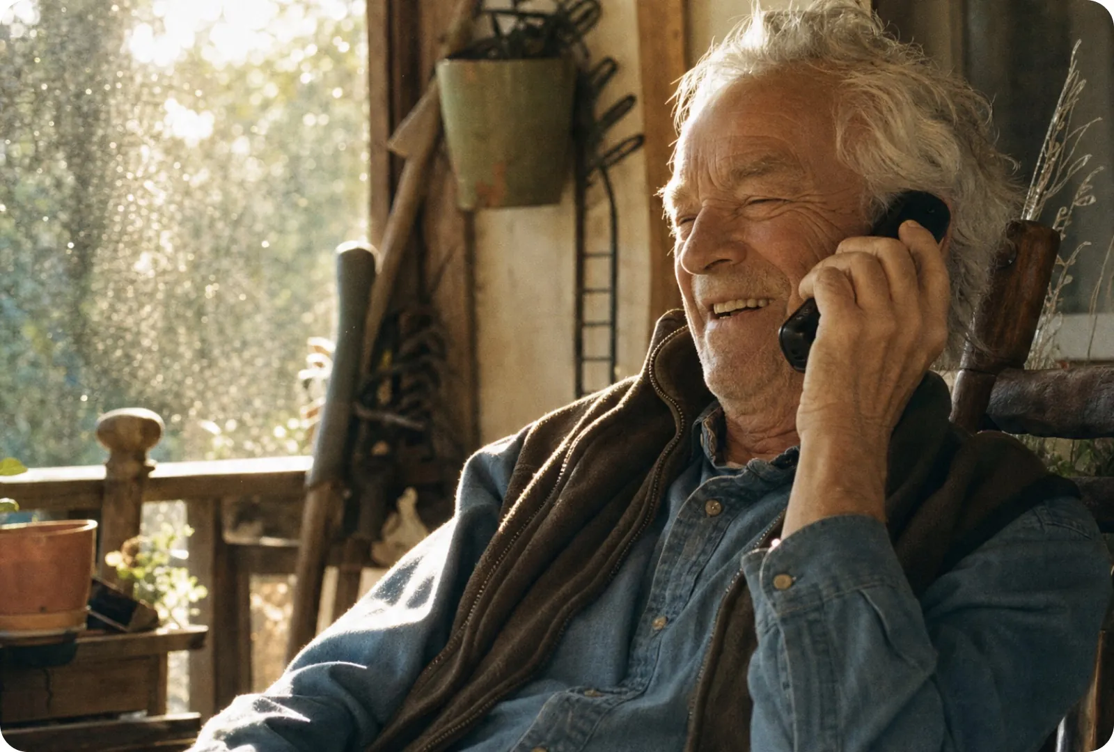 Customer talking on a Community Phone handset at home