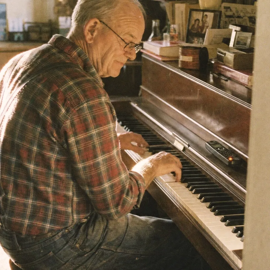 Older man playing piano at home