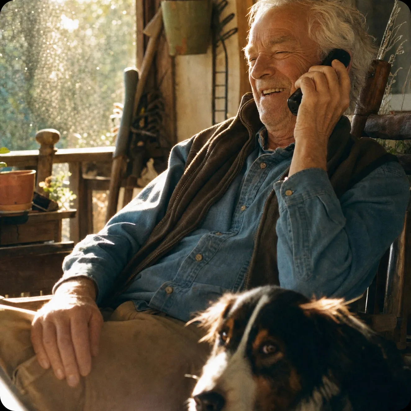 Smiling older man talking on the phone on his porch with his dog