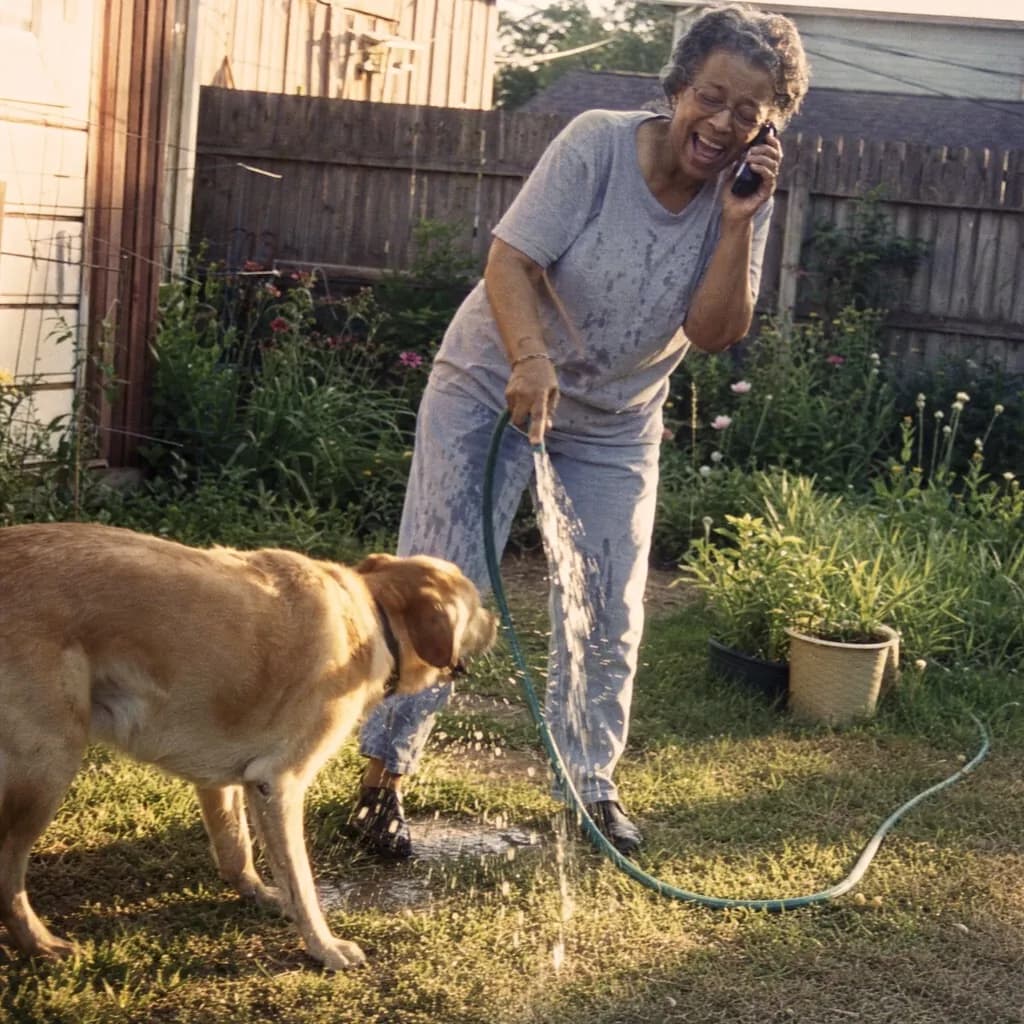 Older woman talking on the phone while watering the garden with her dog