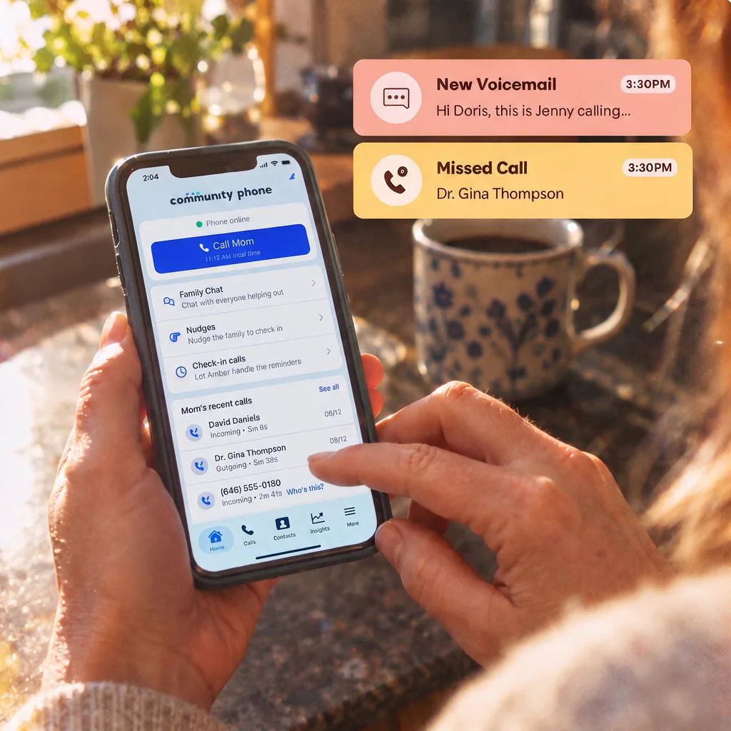 A hand holding a phone showing the Community Phone app home screen, with overlays for a new voicemail and a missed call