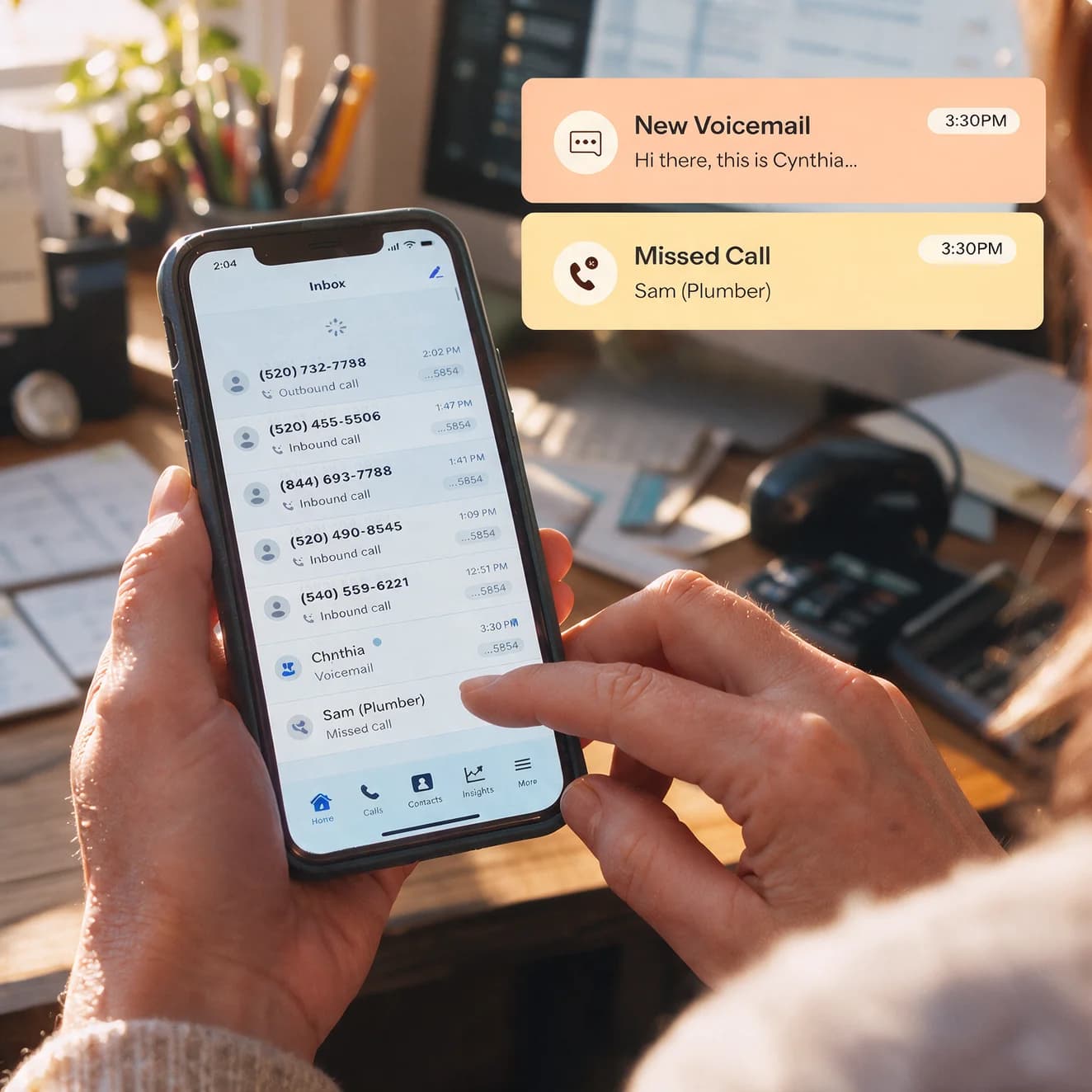 Hands holding a phone showing the Community Phone app inbox, with new voicemail and missed call notifications