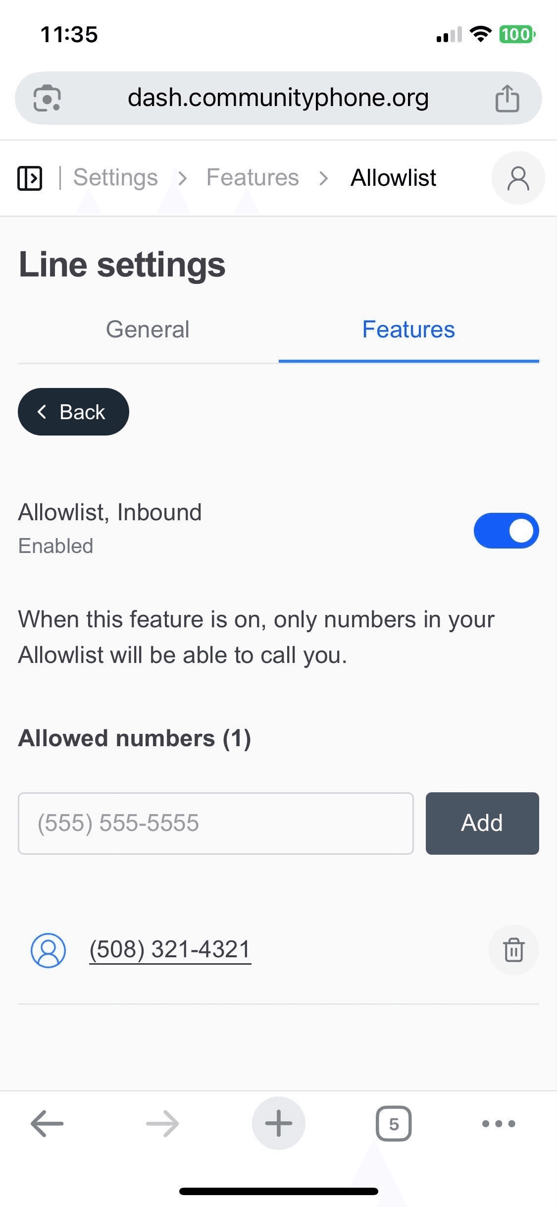Dashboard showing trusted contacts allowlist