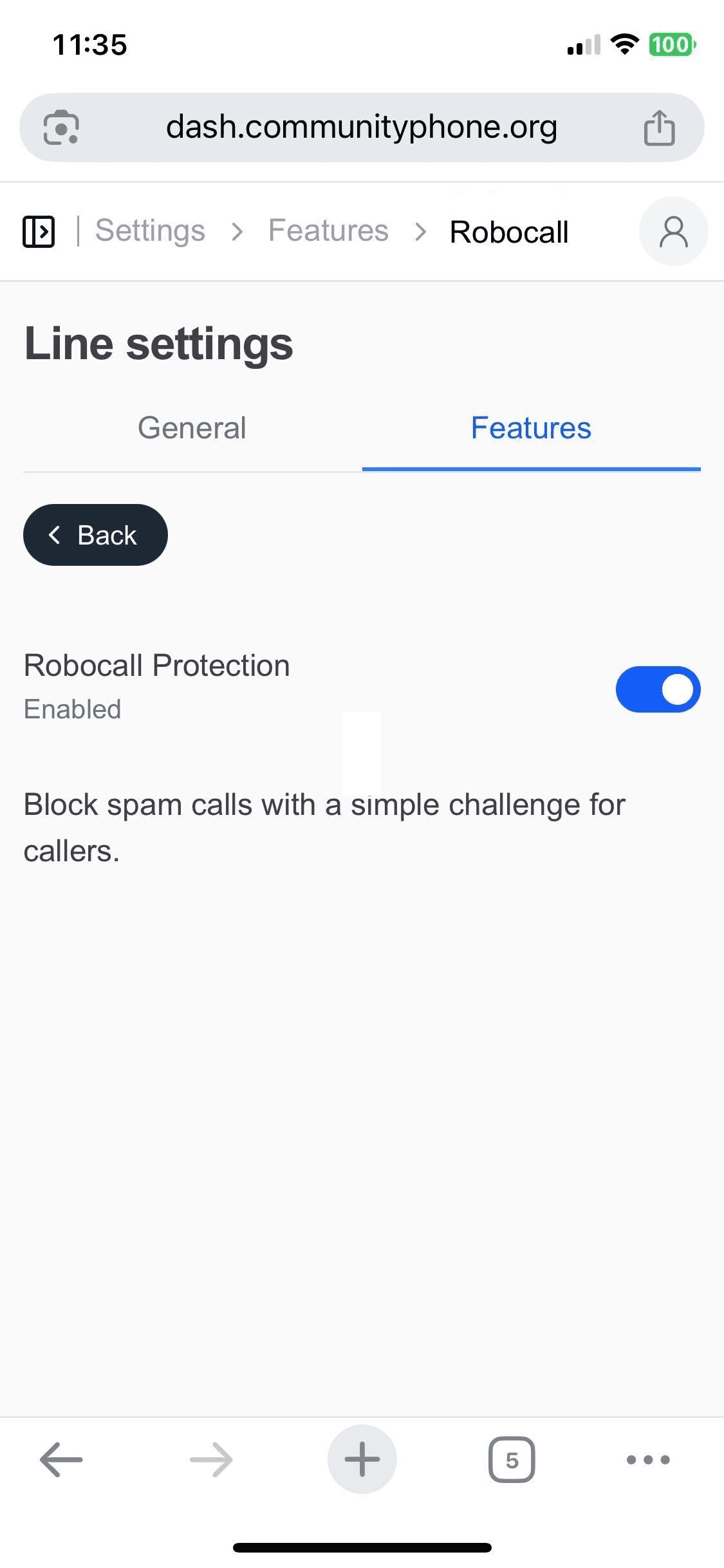 Dashboard showing robocall protection settings