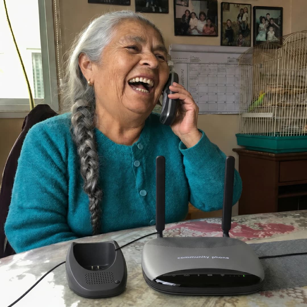 A woman using her home phone beside a Community Phone base and handset cradle