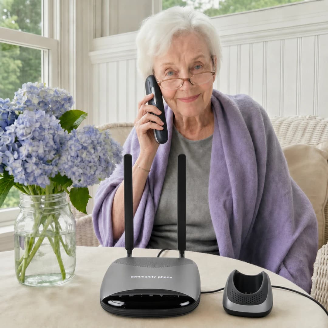 A woman using her home phone beside a Community Phone base