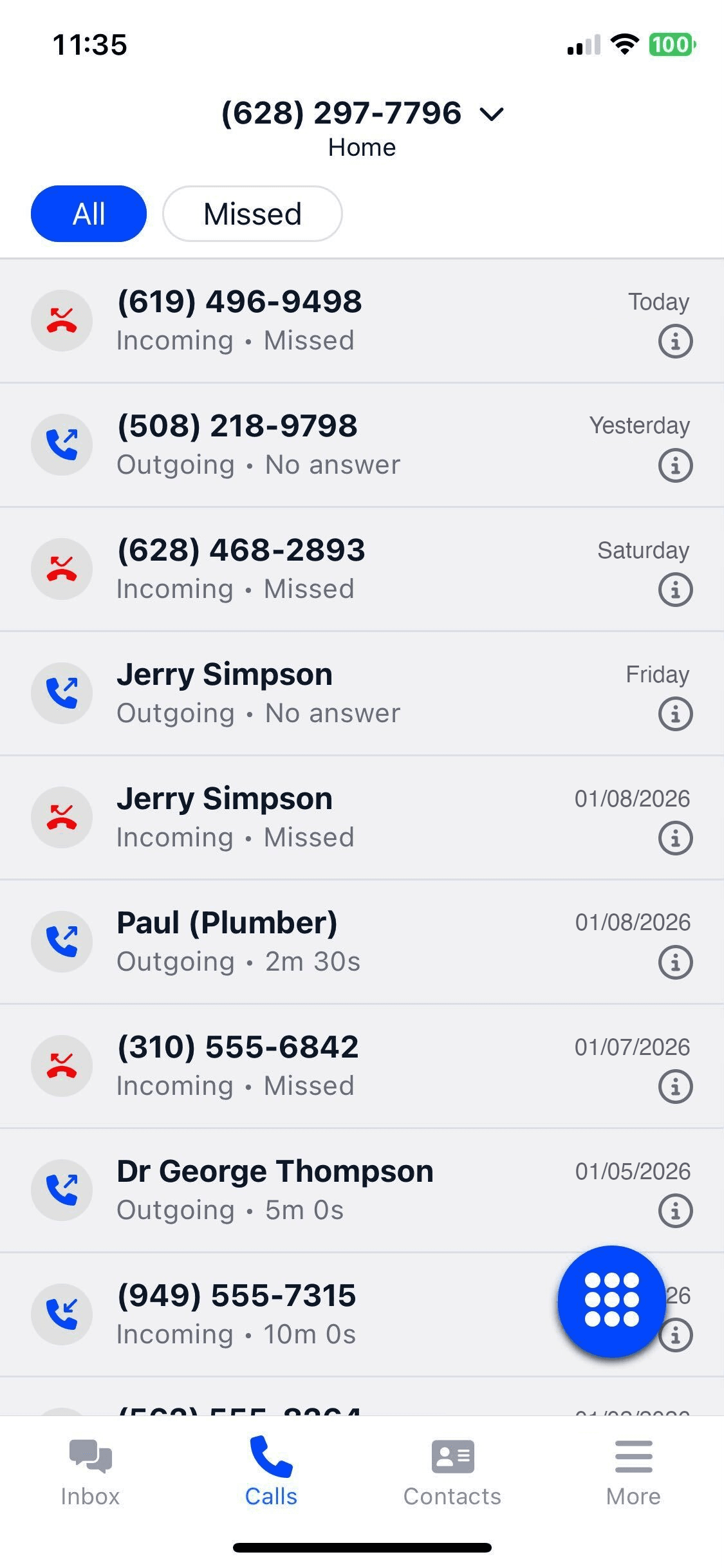 Mobile app showing call history and monitoring