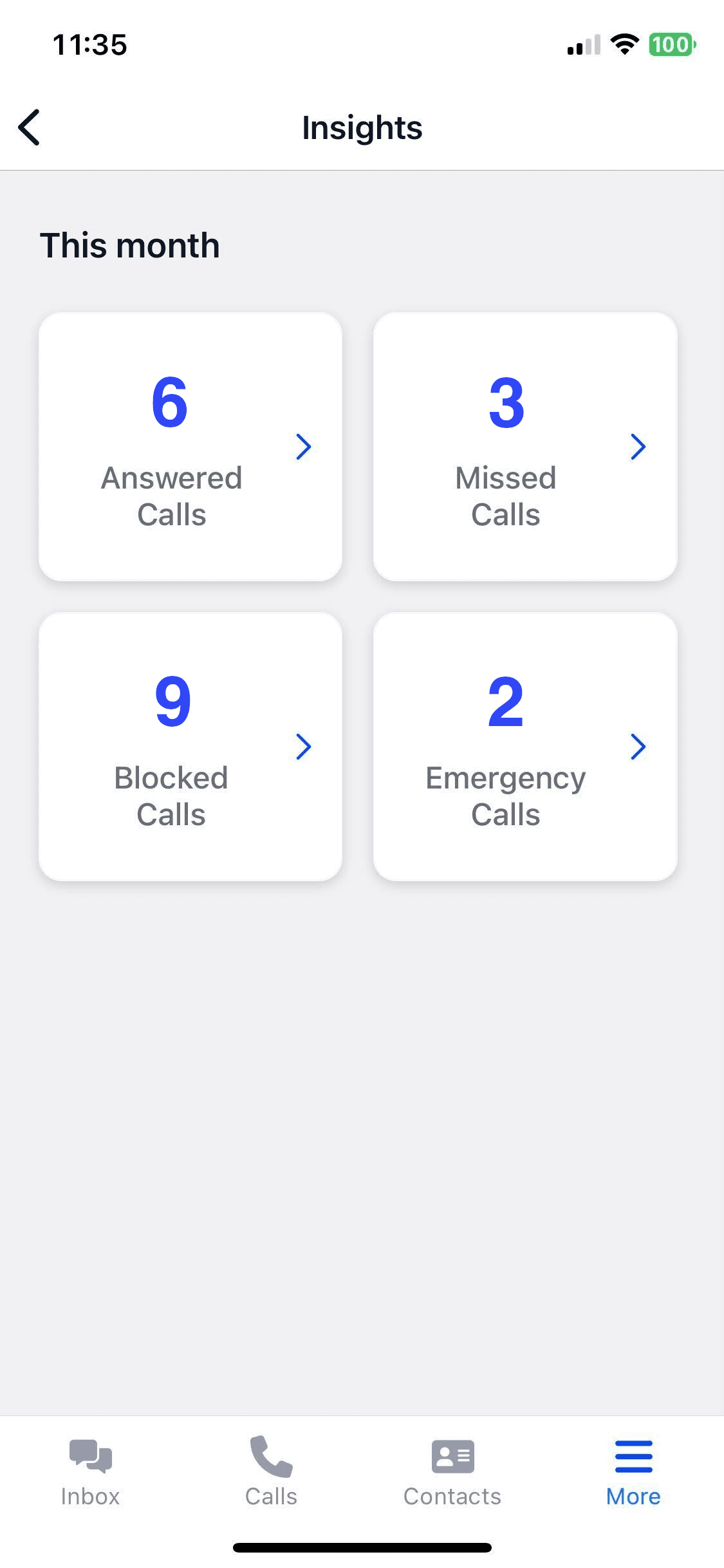 Mobile app showing call activity insights and statistics