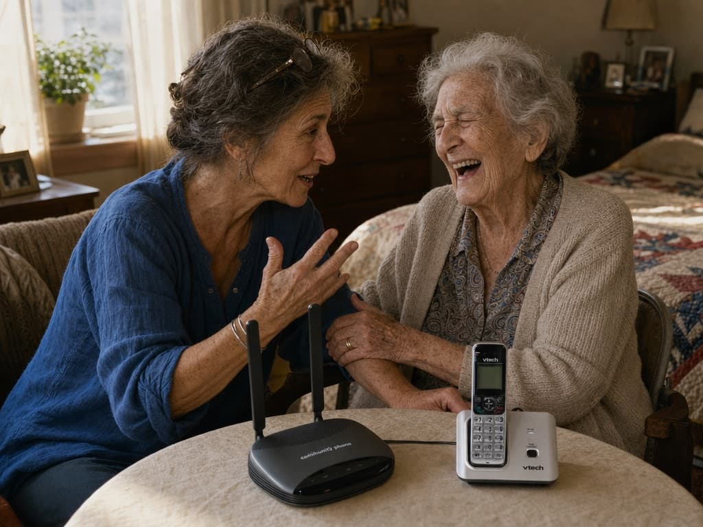 A daughter laughing with her mother beside the Community Phone Base and a cordless handset