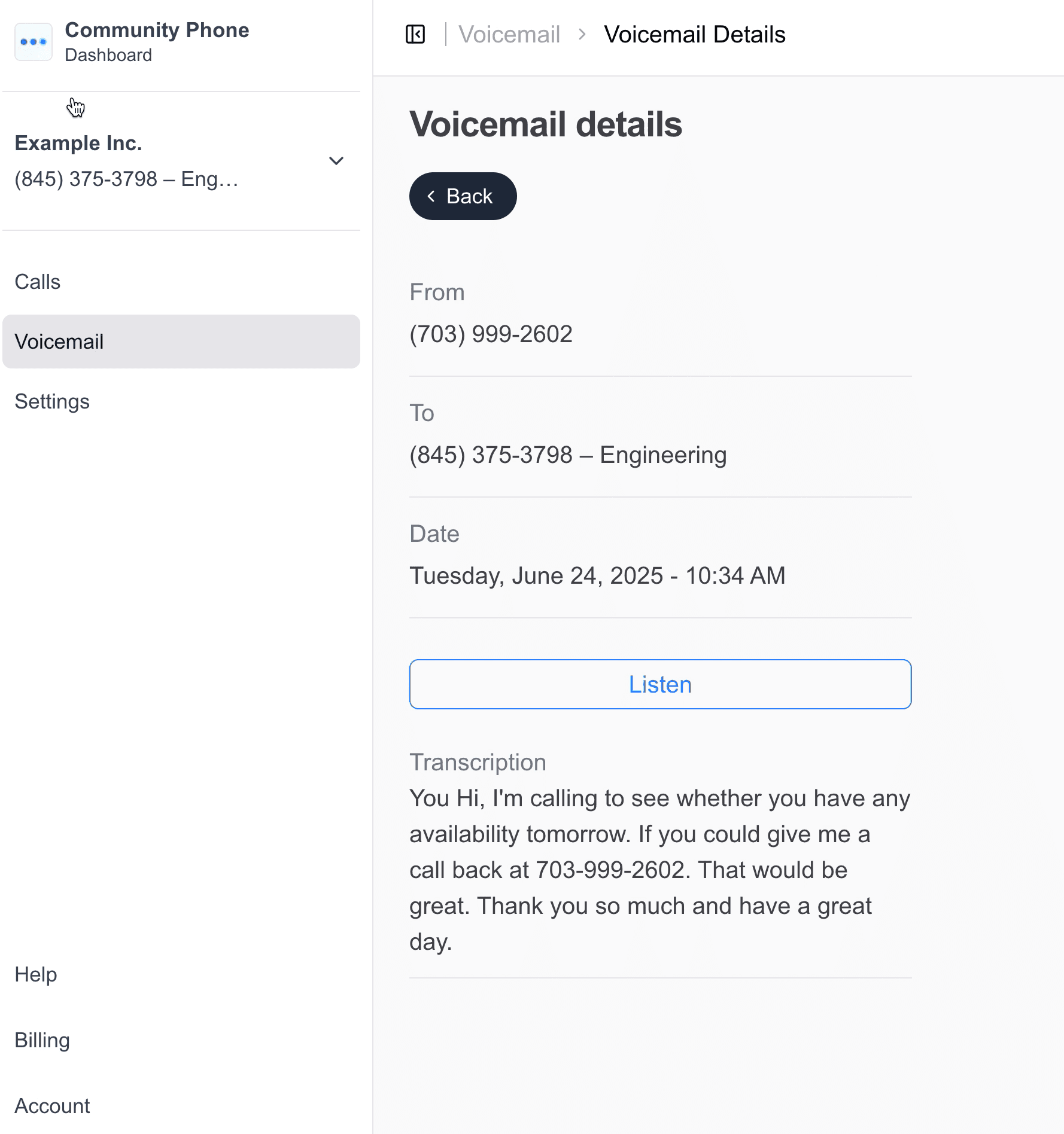 Voicemail transcription on desktop