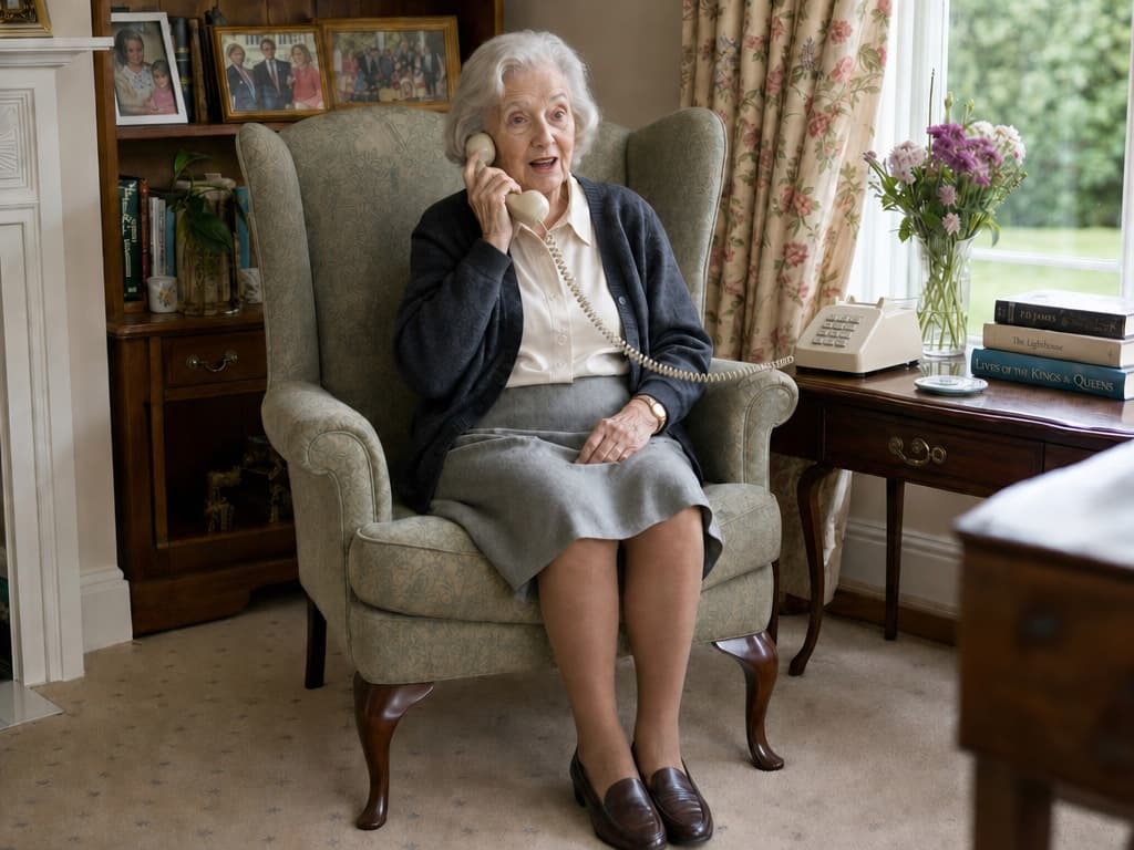 Senior woman talking on her corded phone in an armchair