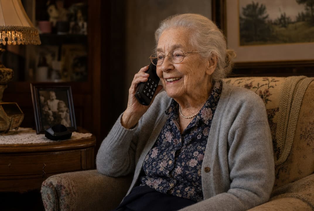 Senior woman smiling while talking on her home phone in her armchair