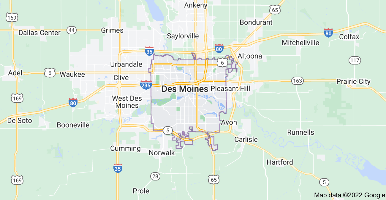 Map of Des Moines, IA