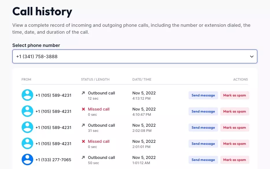 An image of Community Phone Business landline call history page
